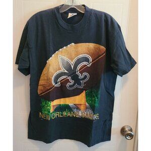 Vtg 90s 1996 New Orleans Saints Mens Short Sleeve AOP Crew T Shirt Black Size M